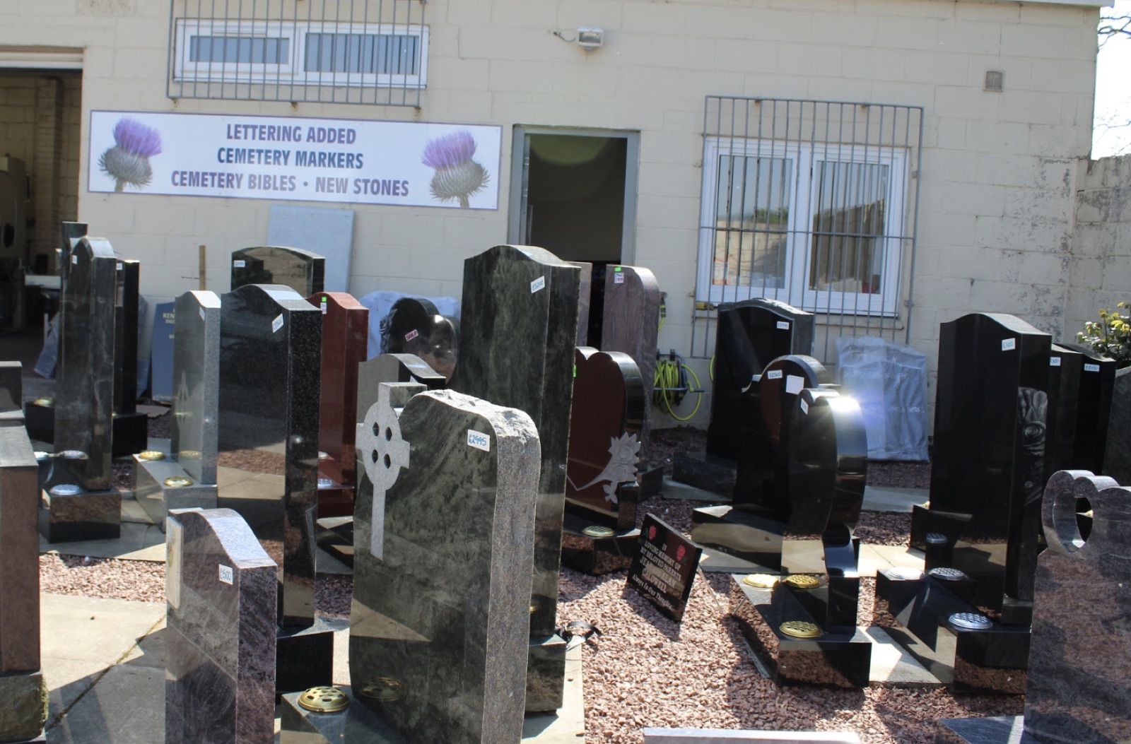 Granite memorials on display outside the Charles Lipton yard in Bishopbriggs